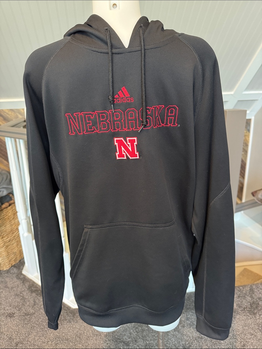 adidas Black Nebraska Pullover Hoodie with Red Logo